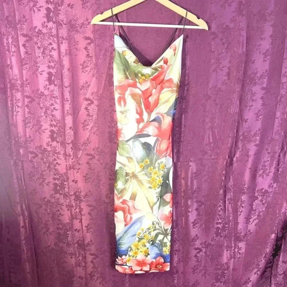 y2k Vintage A'Gaci Tropical Floral Cowl Neck Bodycon Dress Mesh Size S - Picture 1 of 6